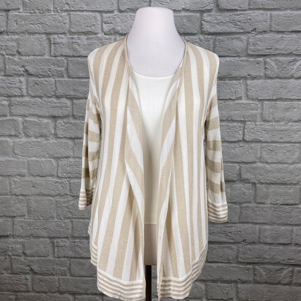 Chico's Ivory & Gold Striped Cardigan